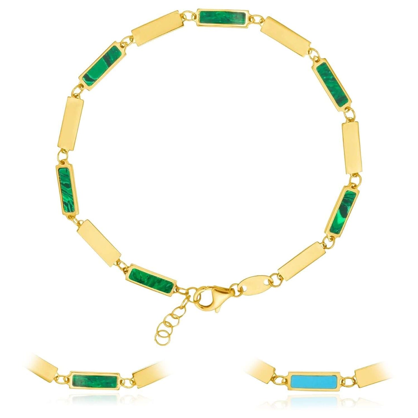 Real 14K Gold Bar Bracelet Turquoise or Malachite Inlay – Adjustable 7"-7.5"