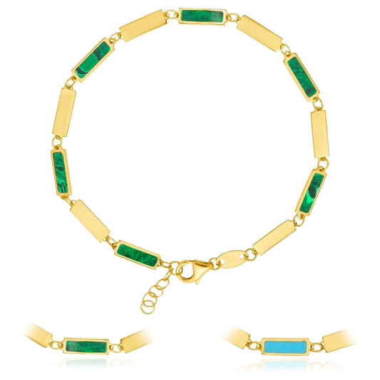 14K Yellow Gold Bar Bracelet Turquoise or Malachite Inlay (Solid Links) 7"-7.5" Adjustable