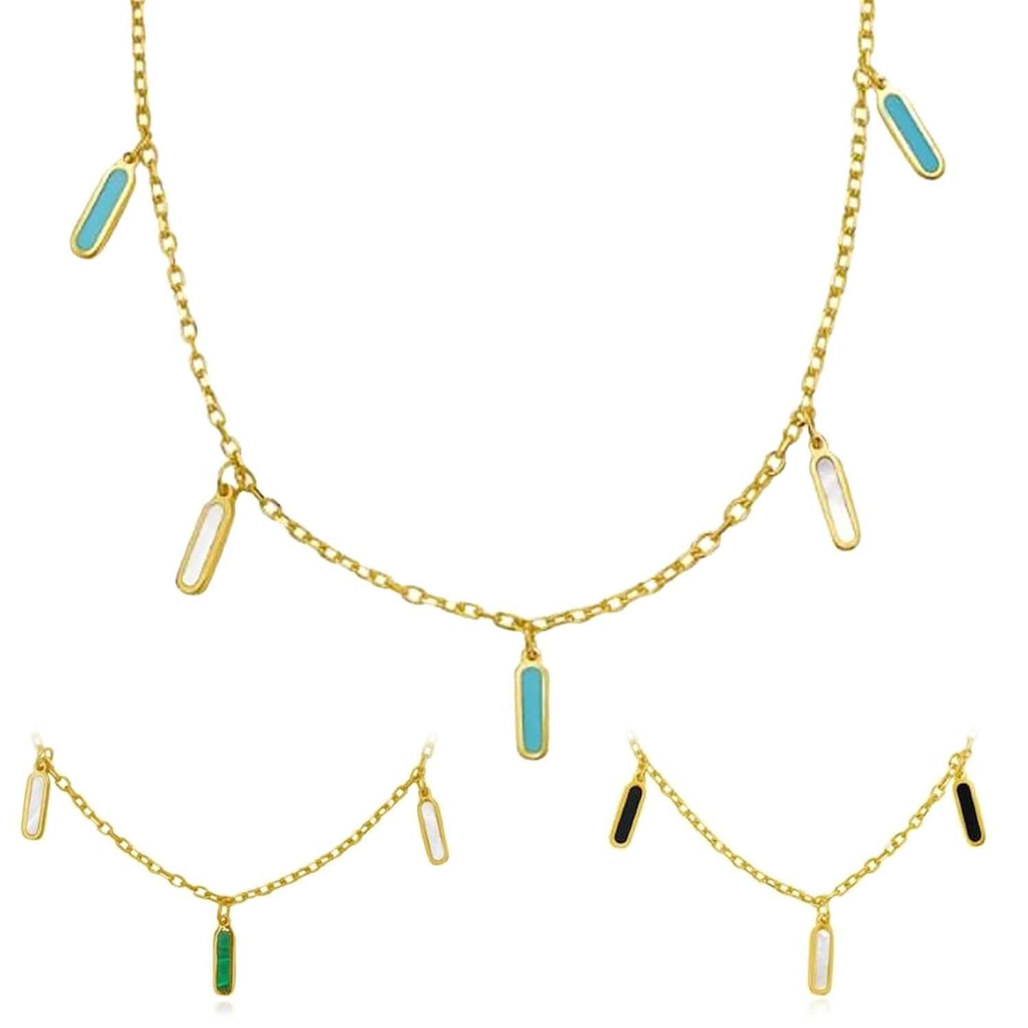 Real 14K Gold Dangle Bar Necklace Turquoise Malachite Onyx Pearl 16"-18" Adjust.