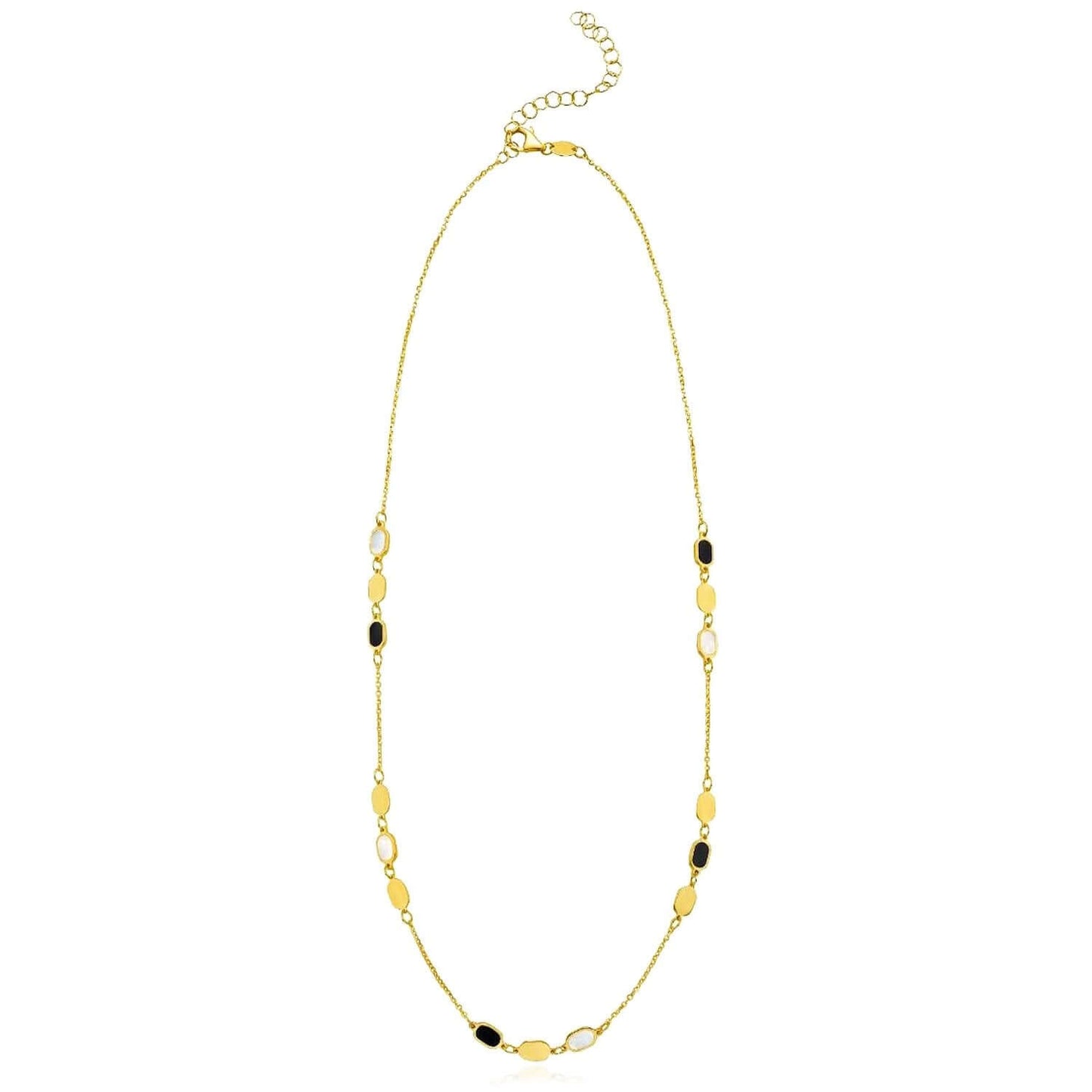 Real 14K Gold Oval Station Necklace Black Onyx Mother of Pearl - Adjust. 16"-18"