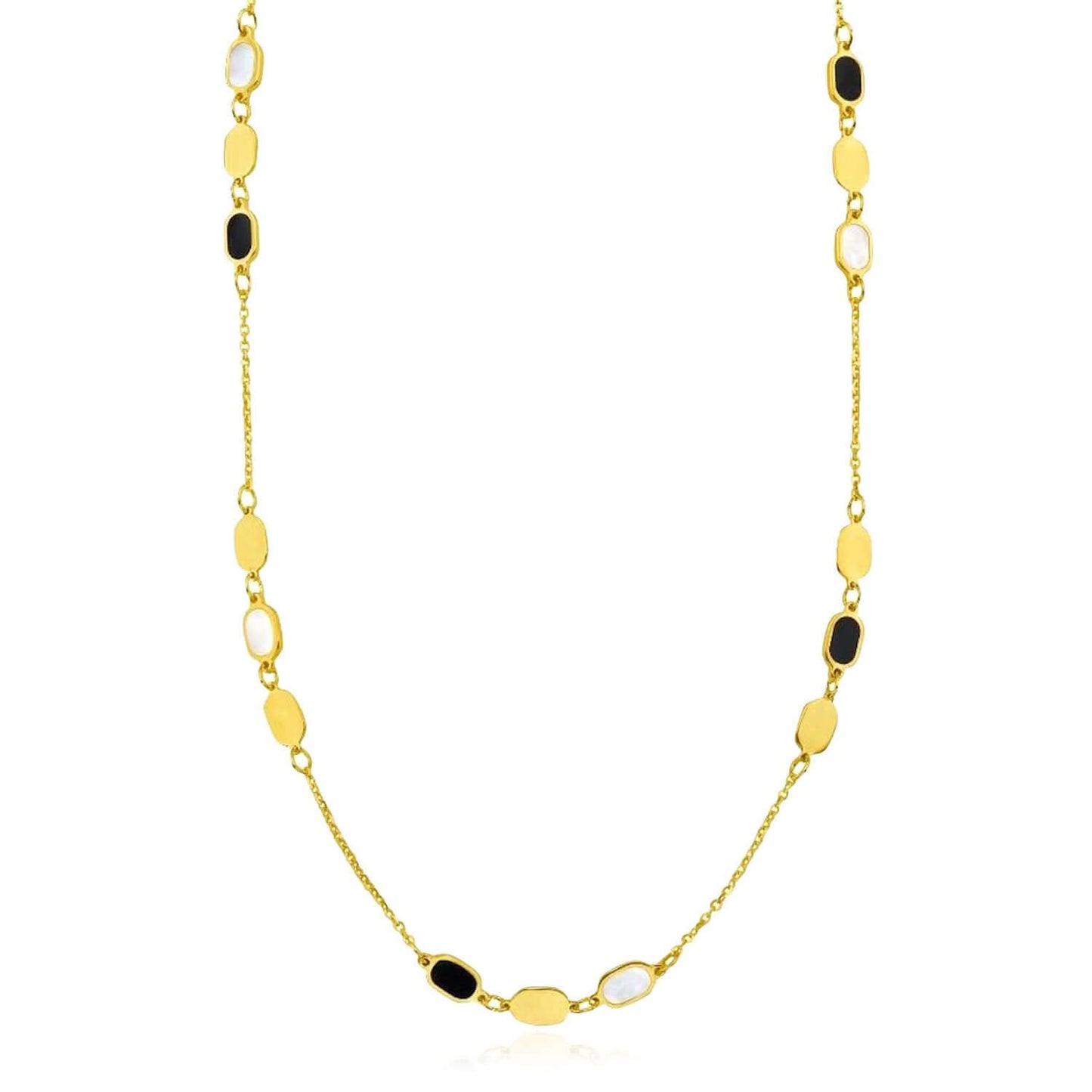 Real 14K Gold Oval Station Necklace Black Onyx Mother of Pearl - Adjust. 16"-18"