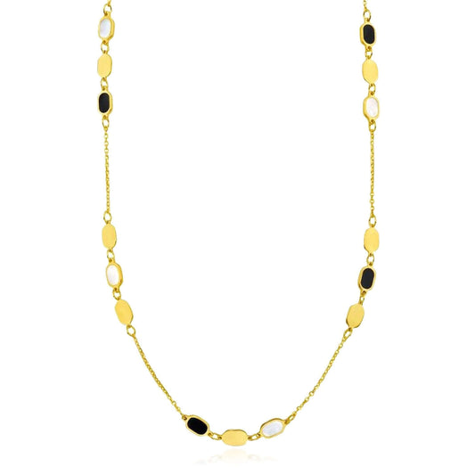 14K Yellow Gold Oval Station Necklace Black Onyx Mother of Pearl (Solid Links) 16"-18" Adjustable