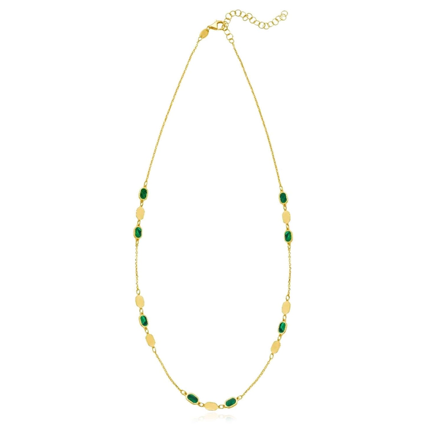 Real 14K Gold Oval Station Necklace Turquoise Malachite – Adjustable 16"-18"
