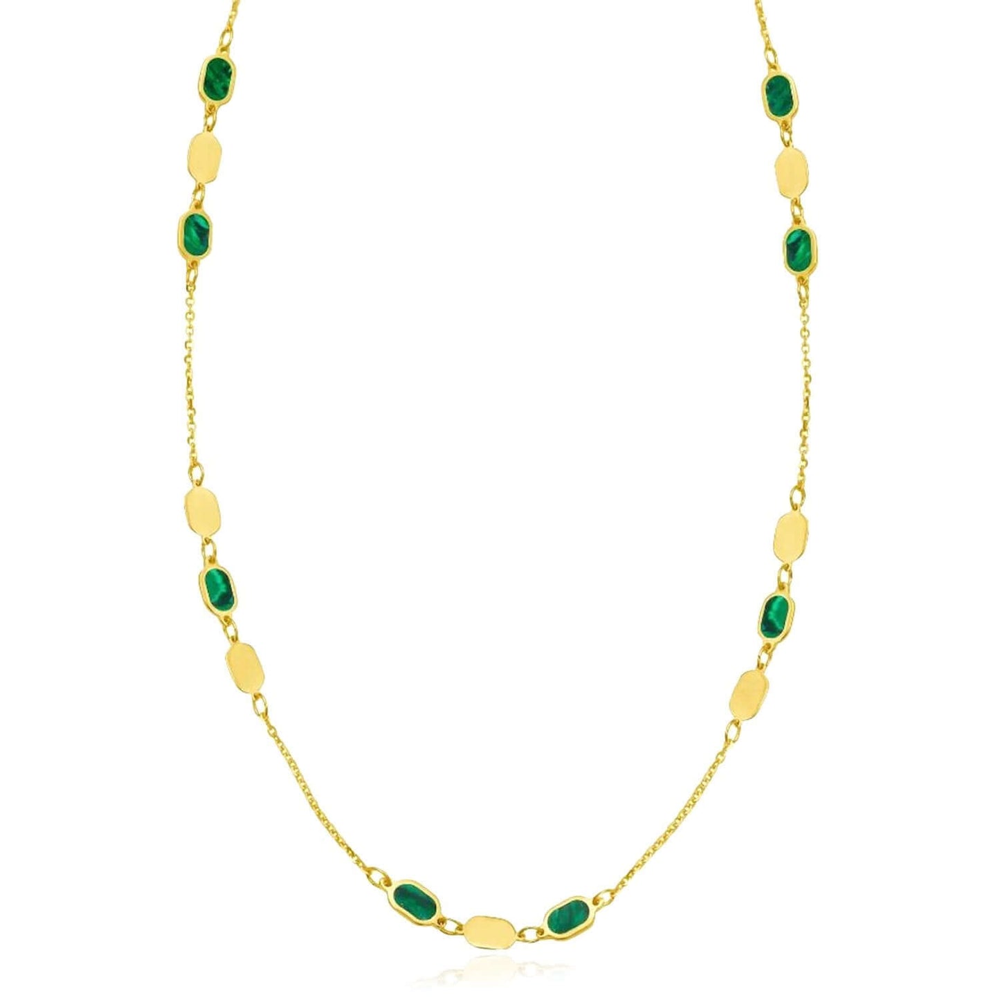 Real 14K Gold Oval Station Necklace Turquoise Malachite – Adjustable 16"-18"
