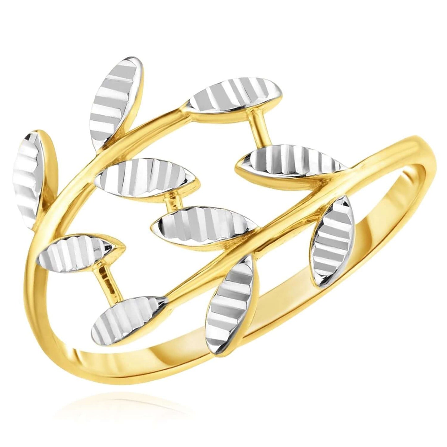 Real 14K Gold Two-Tone Olive Branch Leaf Ring – Italian Made