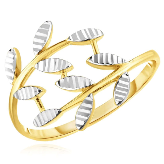 14K Yellow Gold Two-Tone Olive Branch Leaf Ring