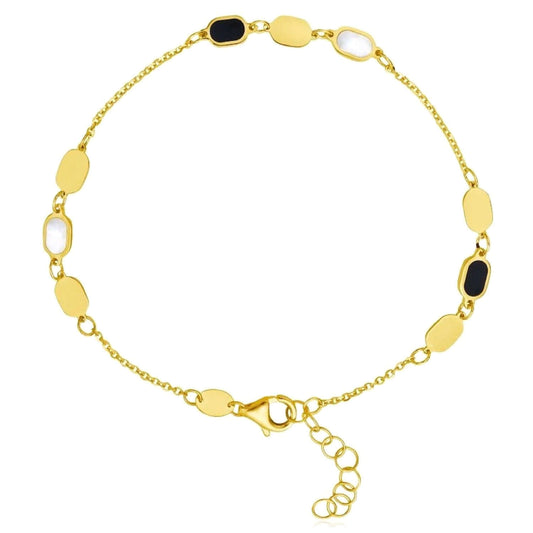 14K Yellow Gold Black Onyx Mother of Pearl Bracelet (Solid Links) 7"-7.5" Adjustable – Italian