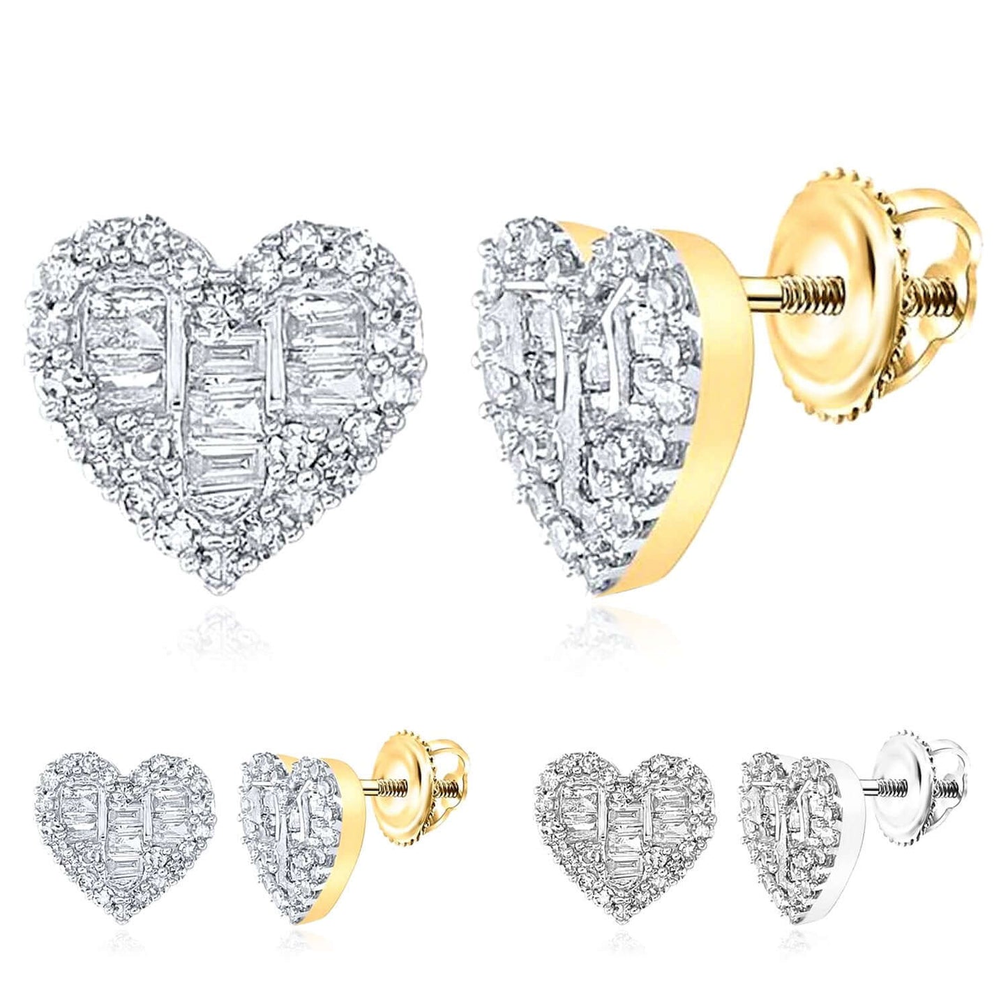 0.35CTW Real Diamond 14K Gold Heart Stud Earrings Baguette & Round – Screw Back