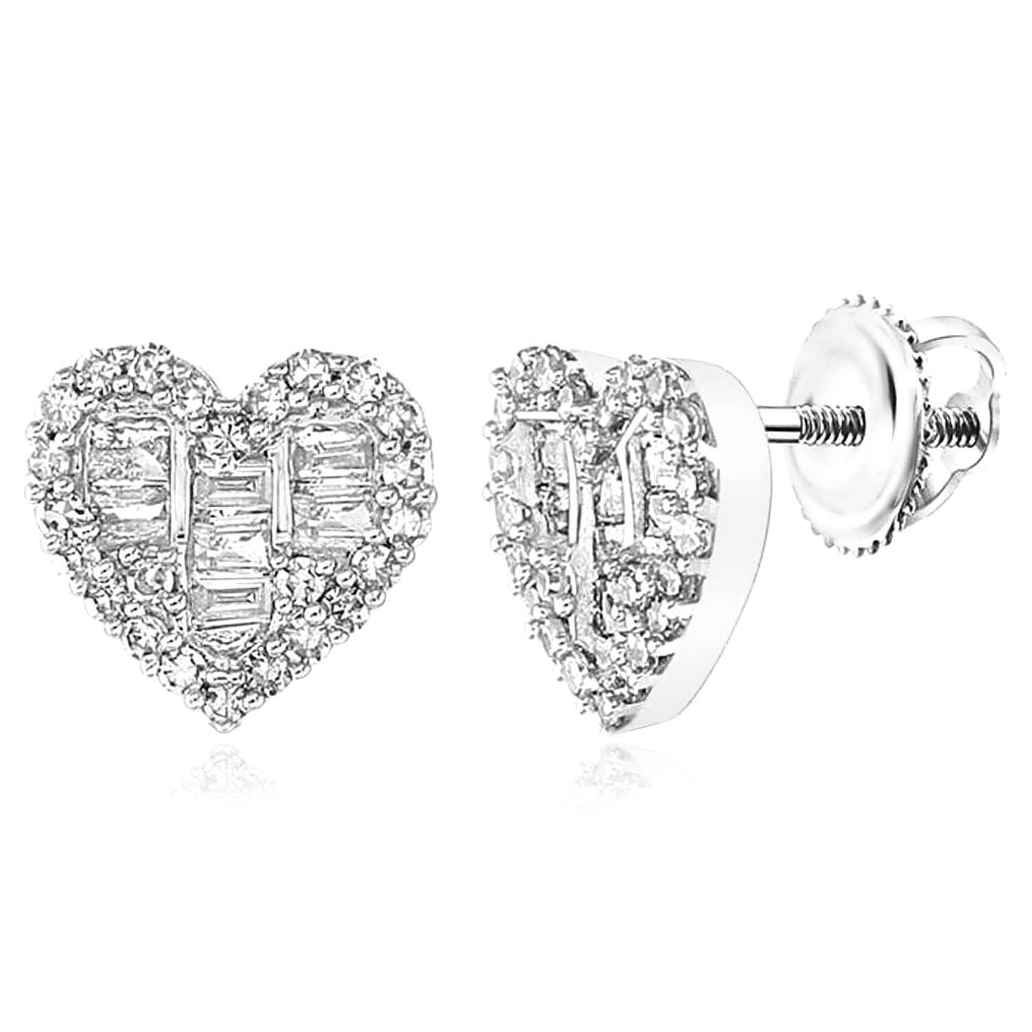 0.35CTW Real Diamond 14K Gold Heart Stud Earrings Baguette & Round – Screw Back