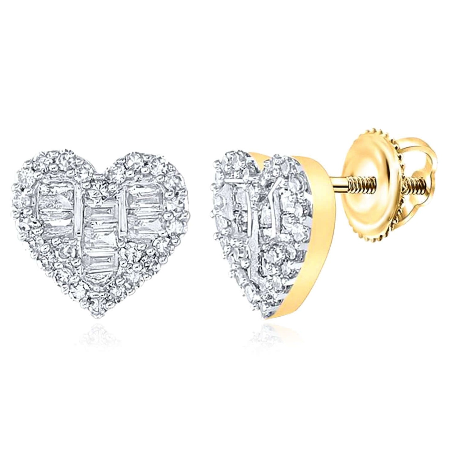 0.35CTW Real Diamond 14K Gold Heart Stud Earrings Baguette & Round – Screw Back