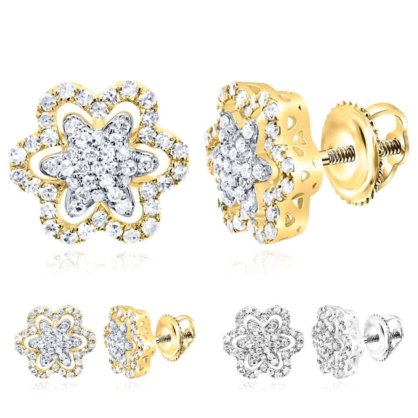 0.35CTW Real Diamond 10K Gold Flower Cluster Stud Earrings Screw Back – 11mm