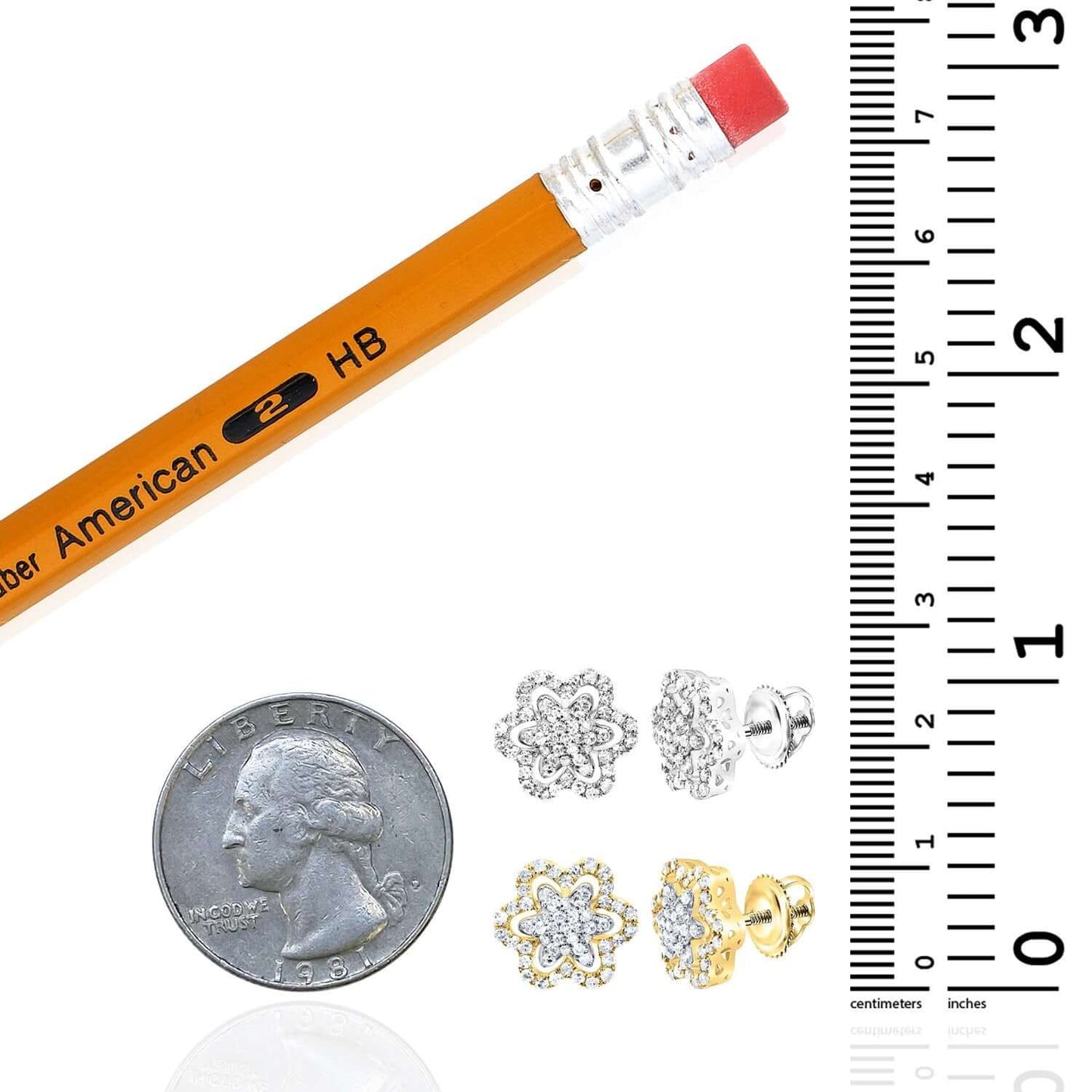 0.35CTW Real Diamond 10K Gold Flower Cluster Stud Earrings Screw Back – 11mm