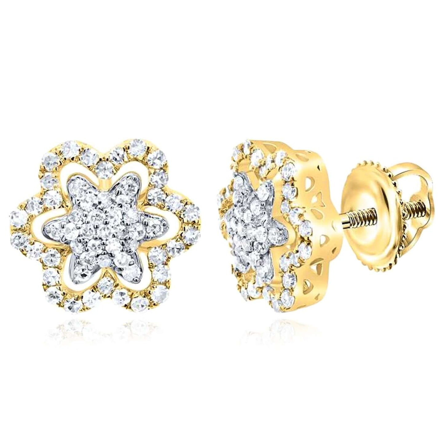0.35CTW Real Diamond 10K Gold Flower Cluster Stud Earrings Screw Back – 11mm