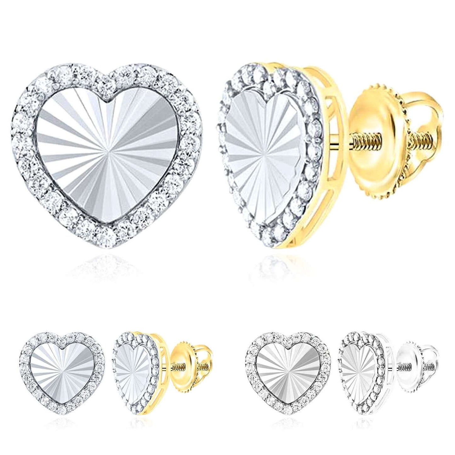 0.33CTW Real Diamond 10K Gold Heart Halo Stud Earrings – Two-Tone Screw Back