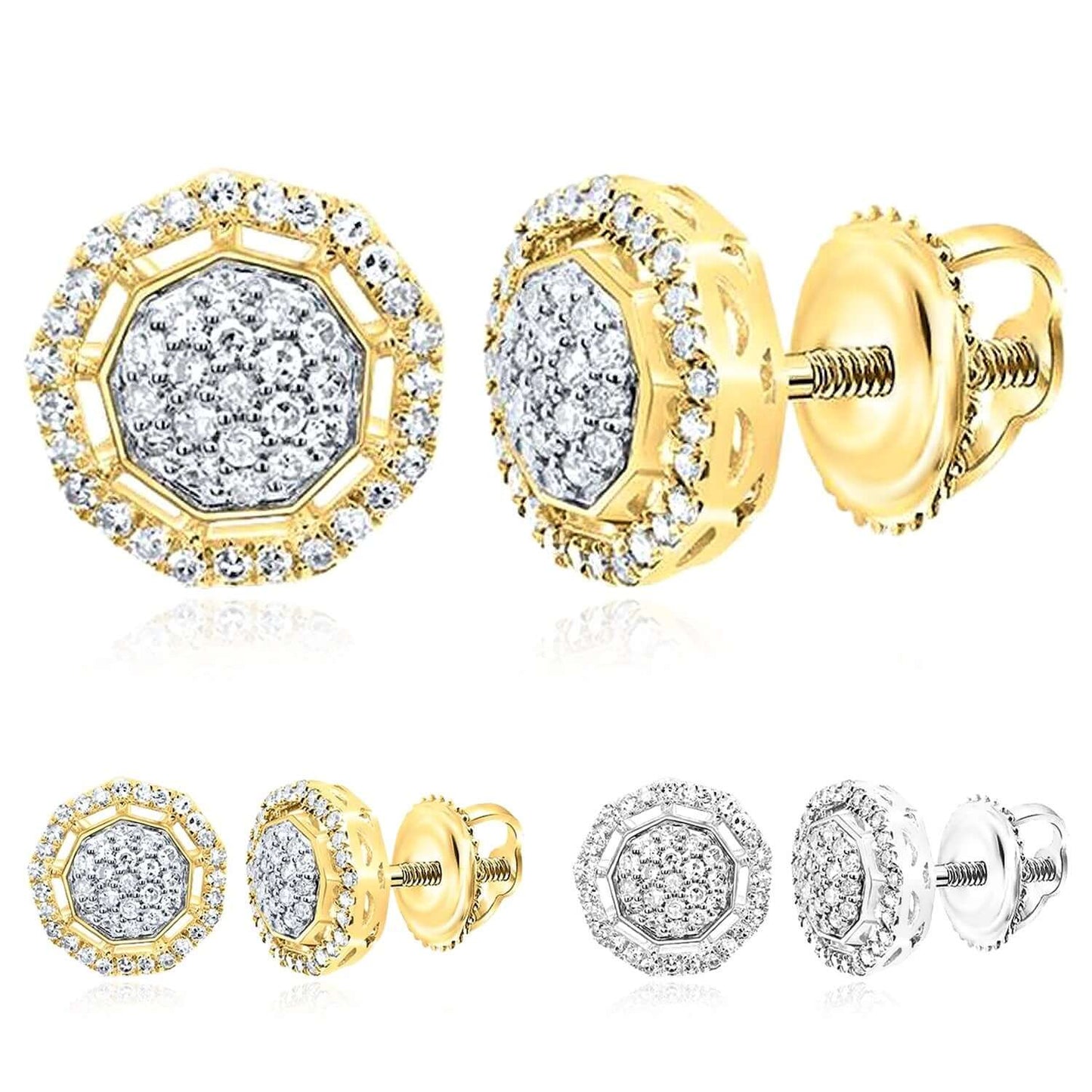 0.35CTW Real Diamond 10K Real Gold 10mm Octagon Cluster Stud Earrings Screw Back