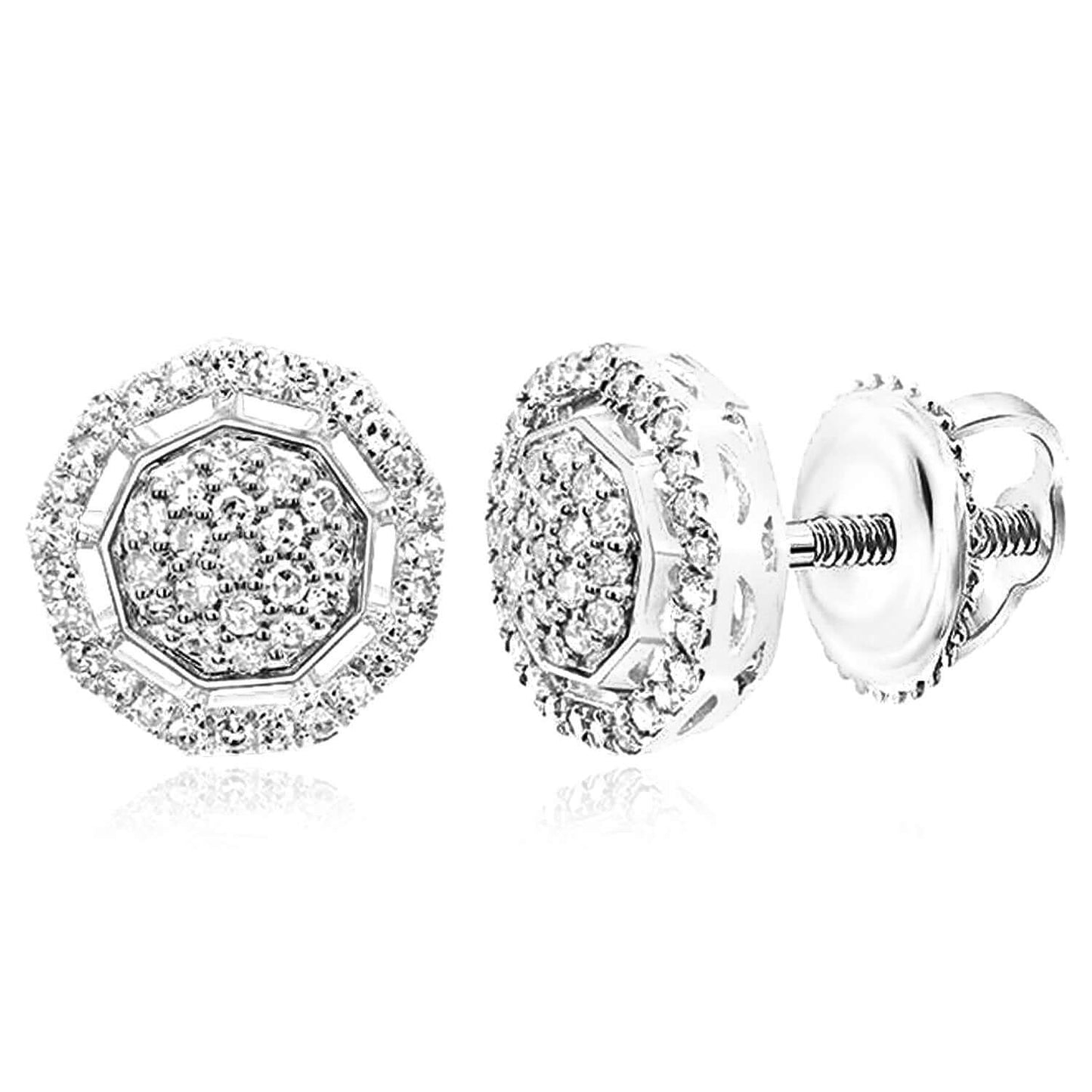 0.35CTW Real Diamond 10K Real Gold 10mm Octagon Cluster Stud Earrings Screw Back