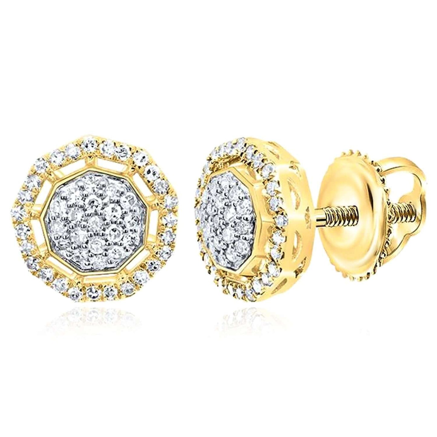 0.35CTW Real Diamond 10K Real Gold 10mm Octagon Cluster Stud Earrings Screw Back