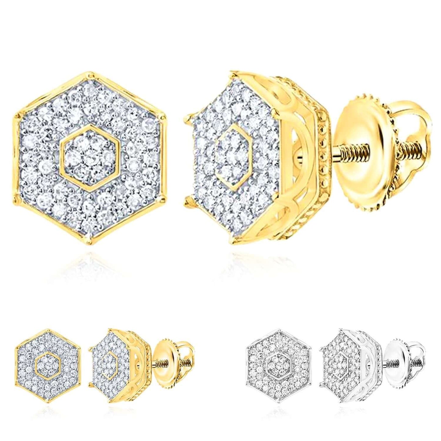 0.35CTW Real Diamond Real 10K Gold Hexagon Stud Earrings Screw Back
