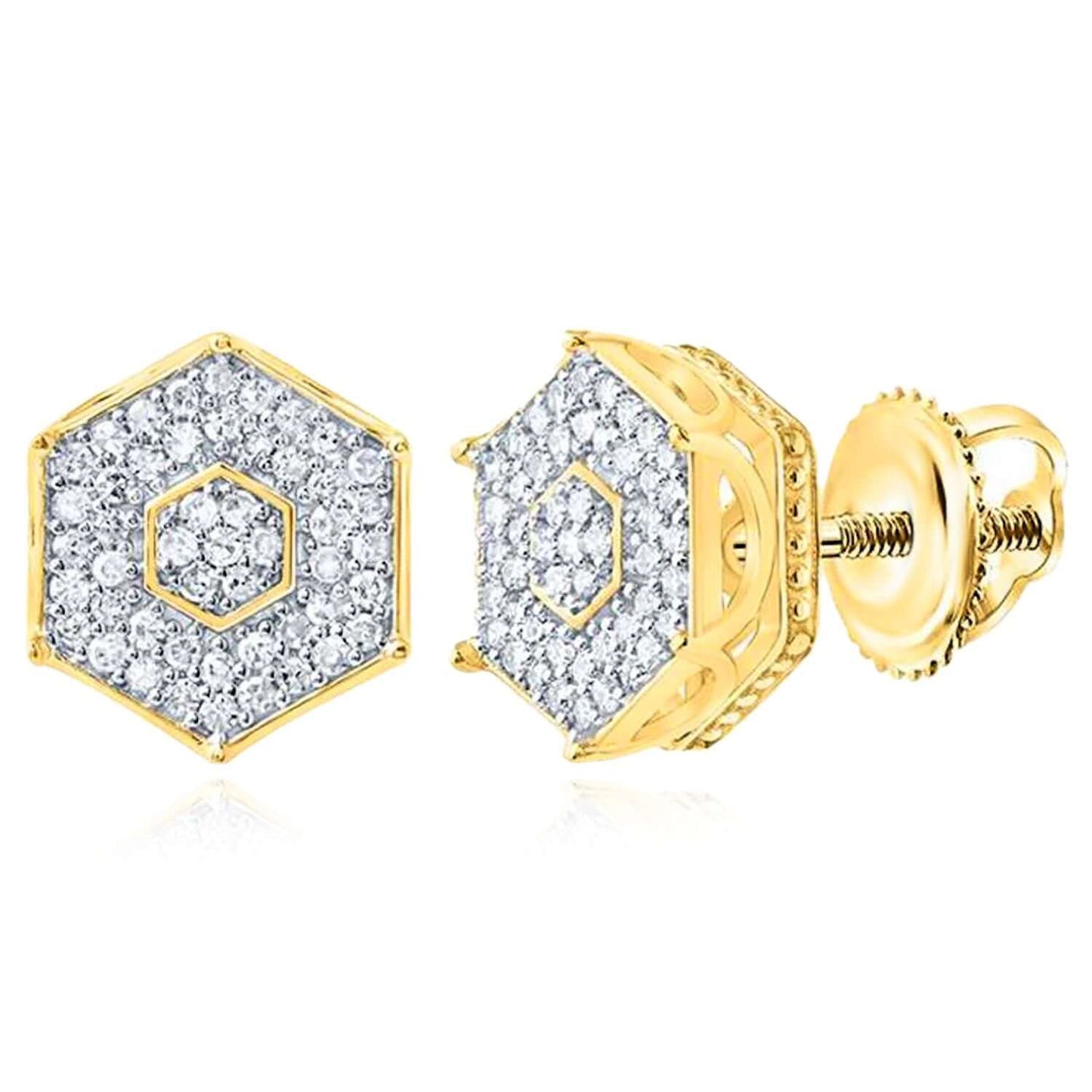 0.35CTW Real Diamond Real 10K Gold Hexagon Stud Earrings Screw Back