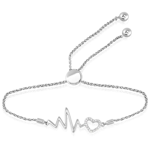 0.12CTW Natural Diamond Sterling Silver Heartbeat Heart Bolo Bracelet (Solid Links) 9" Adjustable