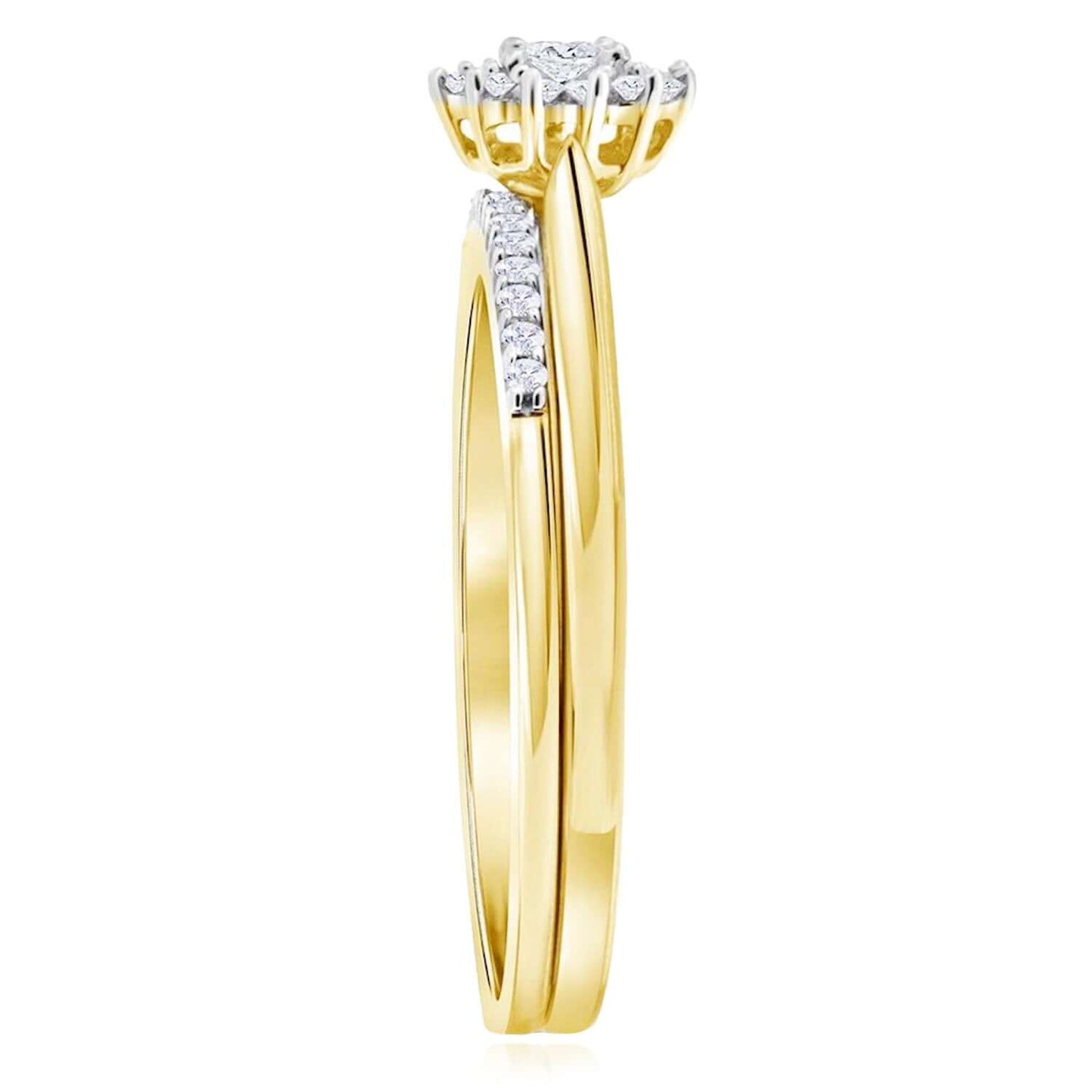 0.25CTW Real Diamond 10K Gold Wedding Ring Set – Halo Engagement & Matching Band