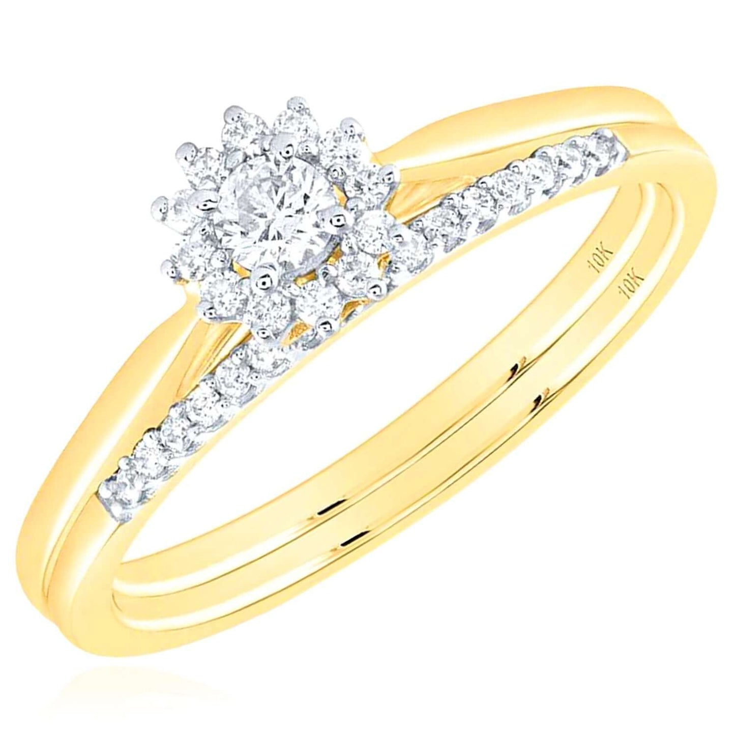 0.25CTW Real Diamond 10K Gold Wedding Ring Set – Halo Engagement & Matching Band
