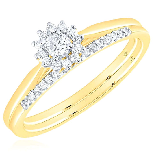 0.25CTW Natural Diamond 10K Yellow Gold Wedding Ring Set – Halo Engagement & Matching Band