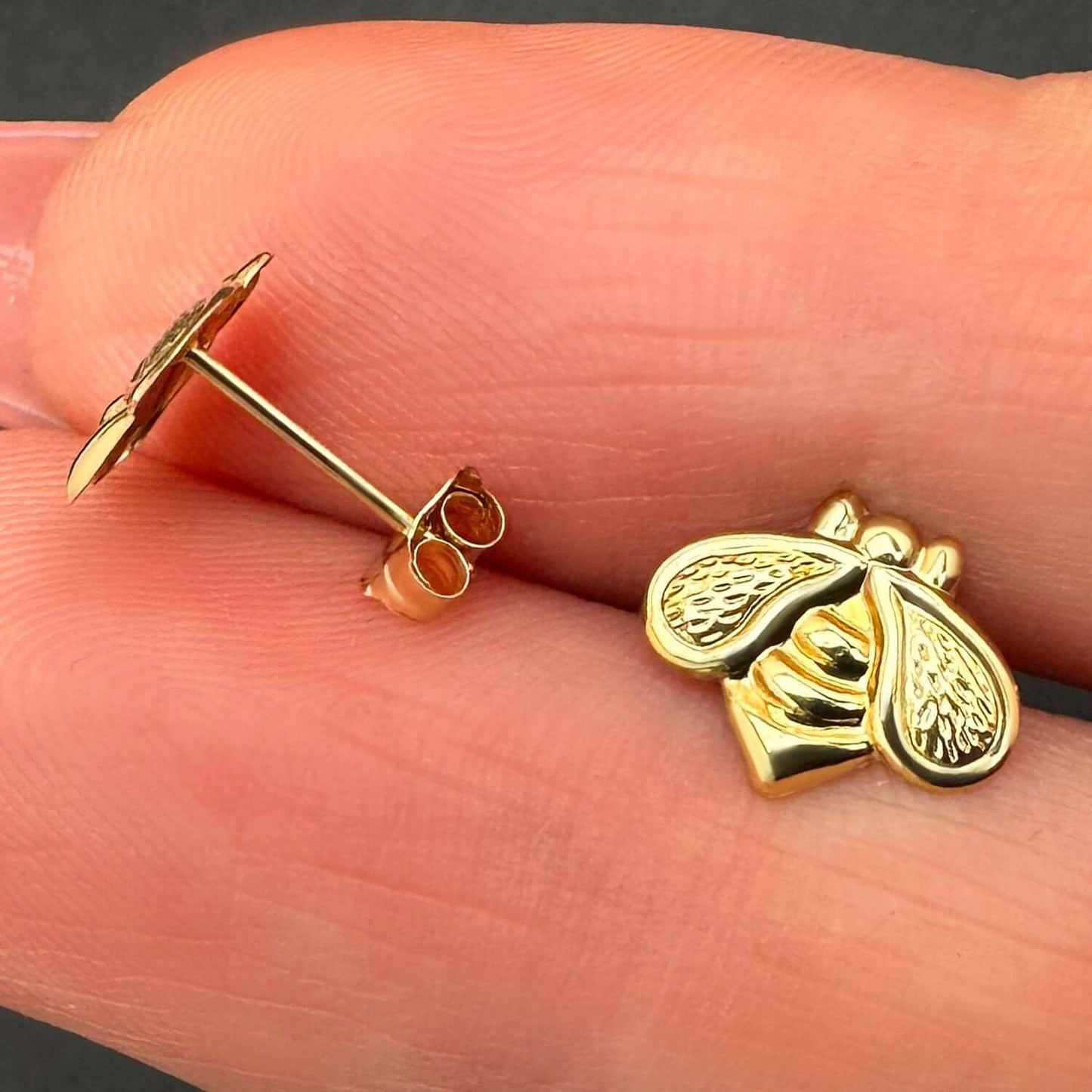 Real 14K Gold Bee Stud Earrings 8mm – Italian Made Push Back