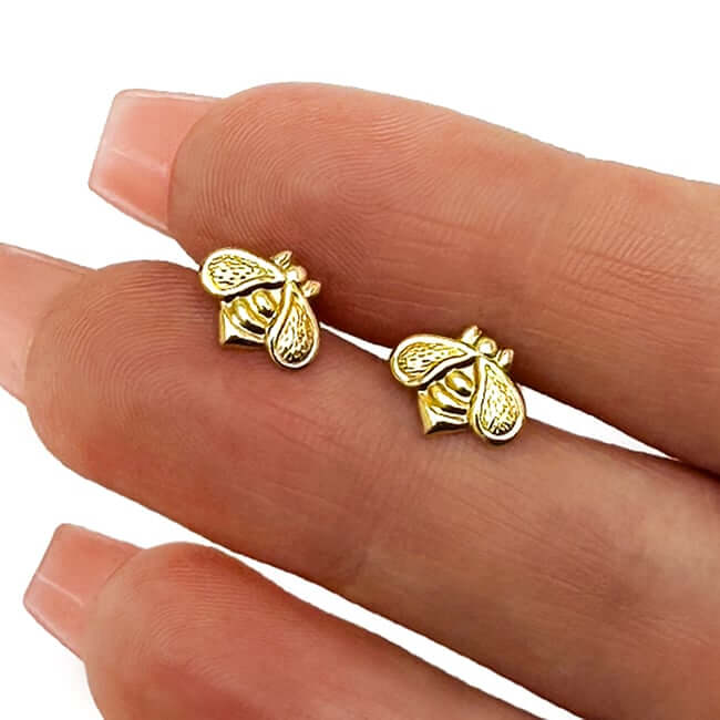 Real 14K Gold Bee Stud Earrings 8mm – Italian Made Push Back