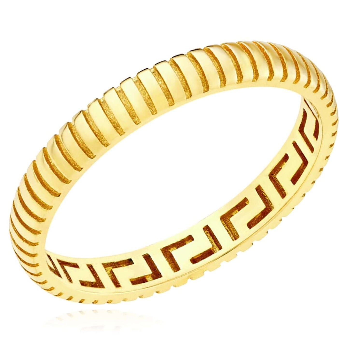 Real 14K Gold Diamond-Cut Snake Greek Key Band Ring – 3mm Wide, Italian Made