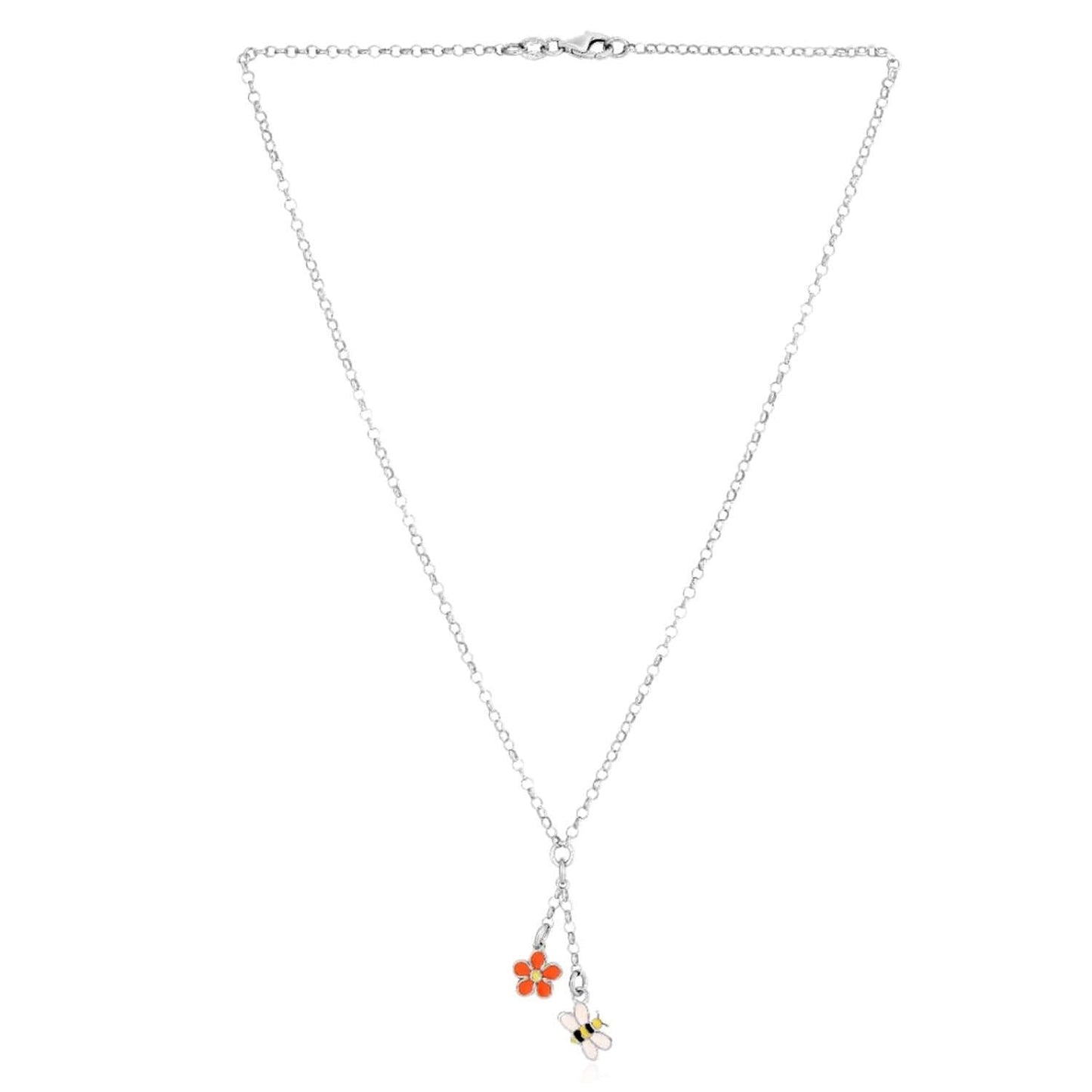 Sterling Silver Bee & Flower Pendant Rolo Necklace 16" for Girls or Women Italy