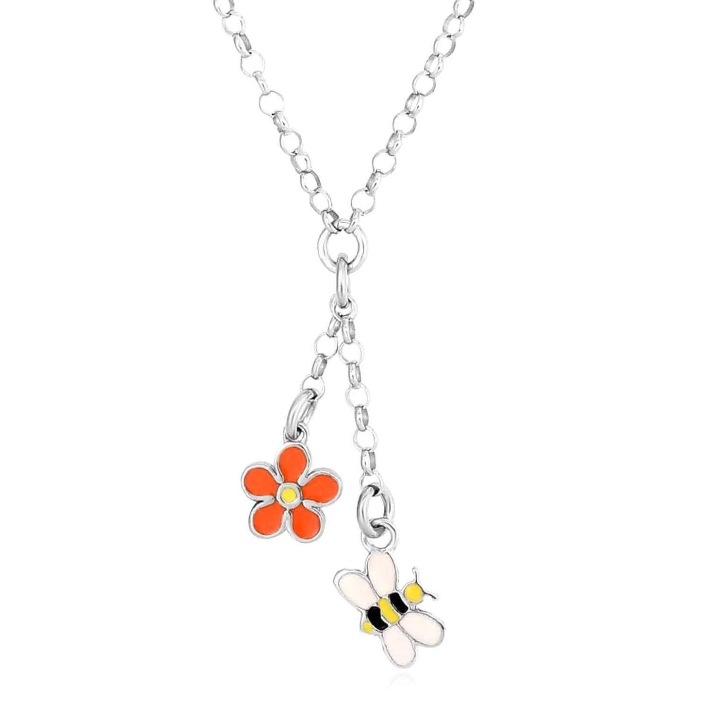 Sterling Silver Bee & Flower Pendant Rolo Necklace 16" for Girls or Women Italy