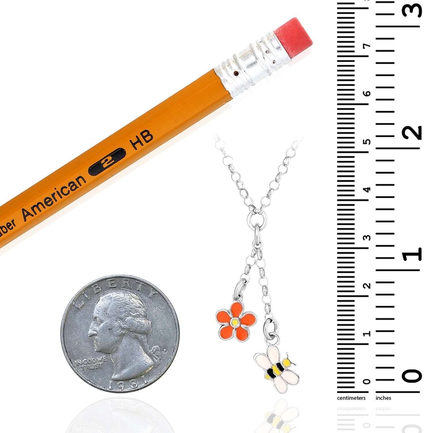 Sterling Silver Bee & Flower Pendant Rolo Necklace 16" for Girls or Women Italy