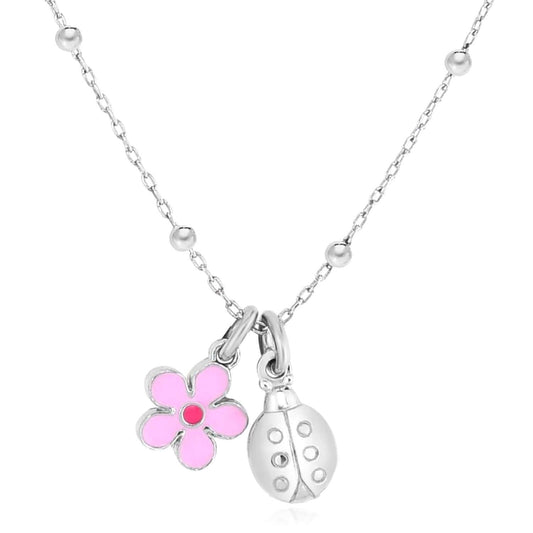Sterling Silver Pink Flower Ladybug Necklace (Solid Links) 16"