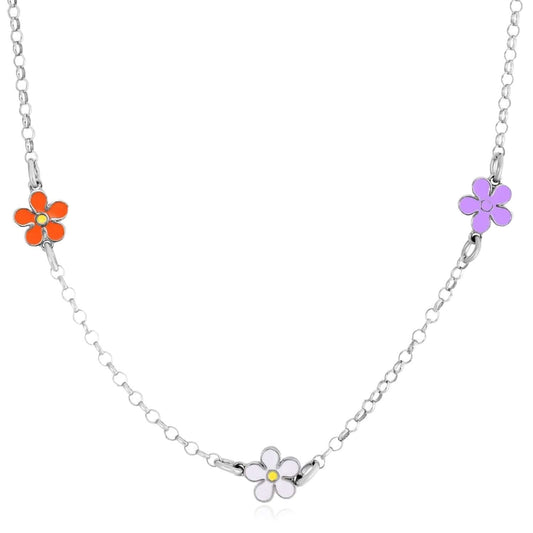 Sterling Silver Multi-Color Enamel Flower Necklace (Solid Links) Made in Italy 16"