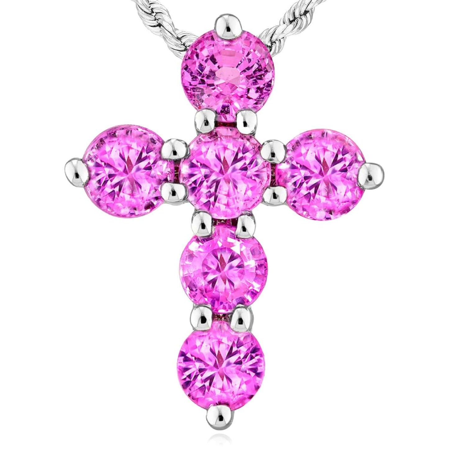 0.90CTW Natural Pink Sapphire Real 14K White Gold Cross Pendant – Made in Italy