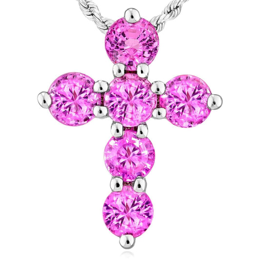 0.90CTW Natural Pink Sapphire Real 14K White Gold Cross Pendant – Made in Italy