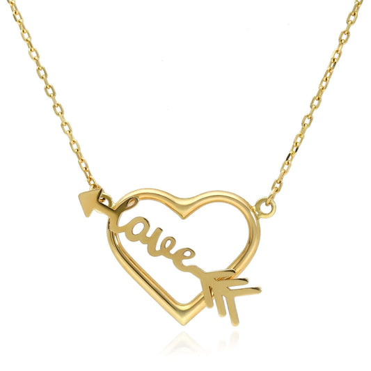 14K Yellow Gold Heart Love Arrow Necklace (Solid Links) 16"-18" Adjustable