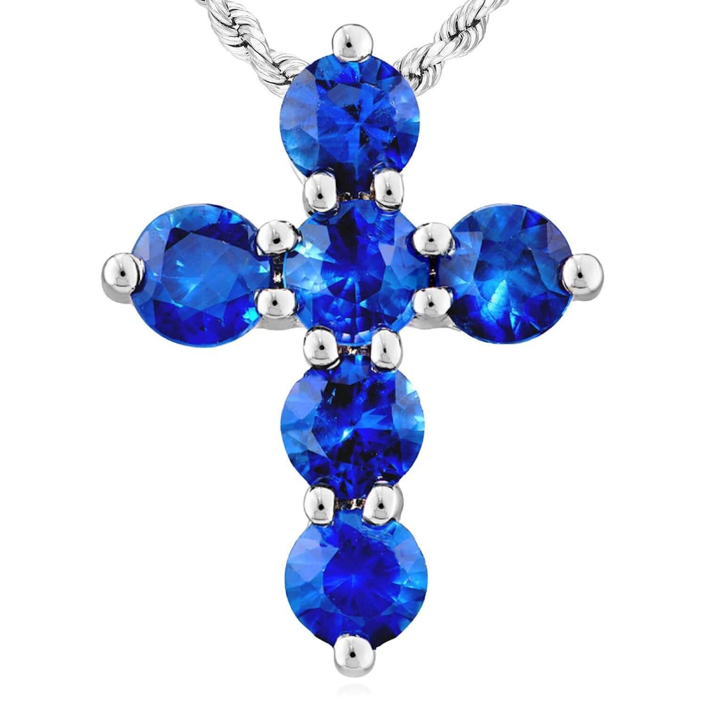 0.90CTW Natural Blue Sapphire Real 14K White Gold Cross Pendant 0.55" - Italy