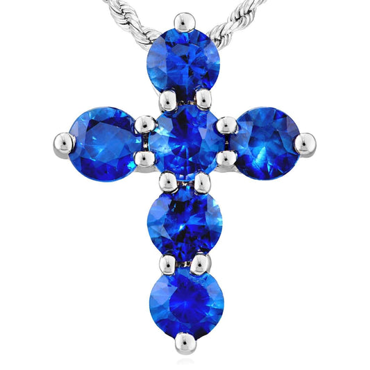 0.90CTW Natural Blue Sapphire Real 14K White Gold Cross Pendant 0.55" - Italy