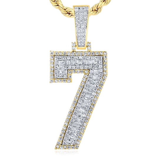 1.33CTW Natural Diamond Real 10K Gold Number 7 Pendant Baguette & Round-Cut