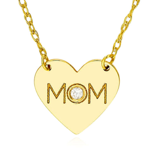 Natural Diamond 14K Yellow Gold MOM Heart Adjustable 16"-18" Necklace (Solid Links)