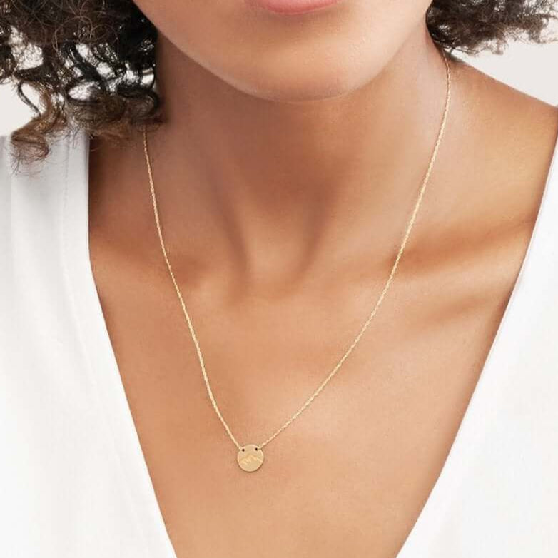 Real 14k Gold Etched Mountain Mini Disc Pendant Adjustable Necklace 16"-18"