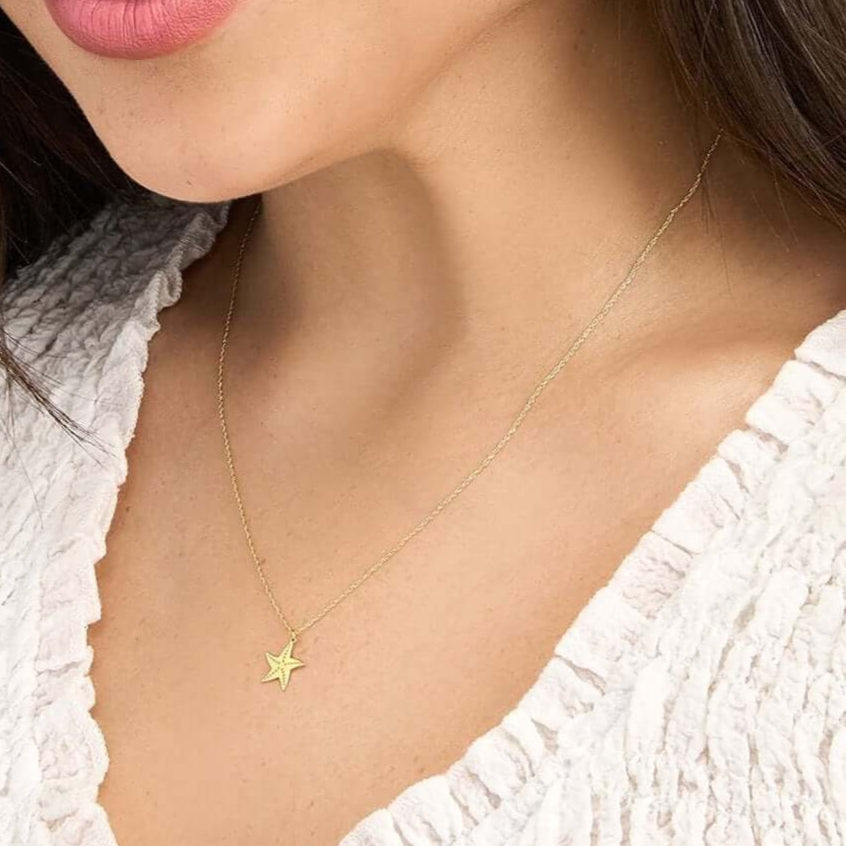 Real 14K Gold Starfish Pendant Adjustable Necklace 16"-18"