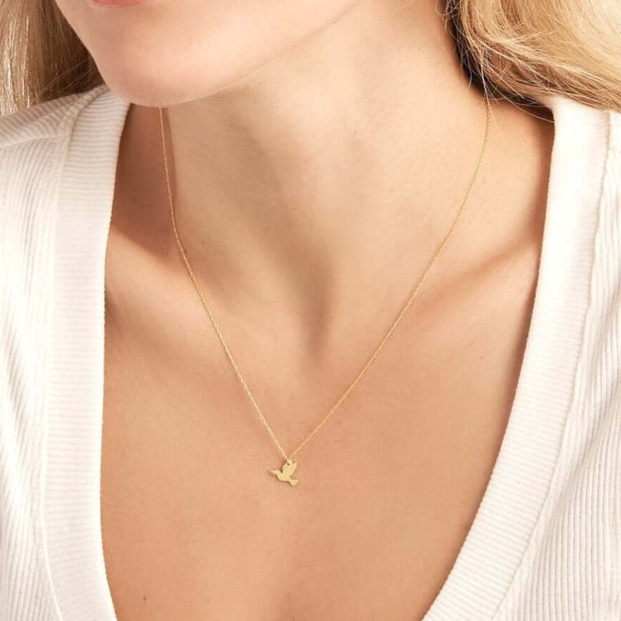 Real 14k Gold Dove Pendant Adjustable Necklace 16"-18"