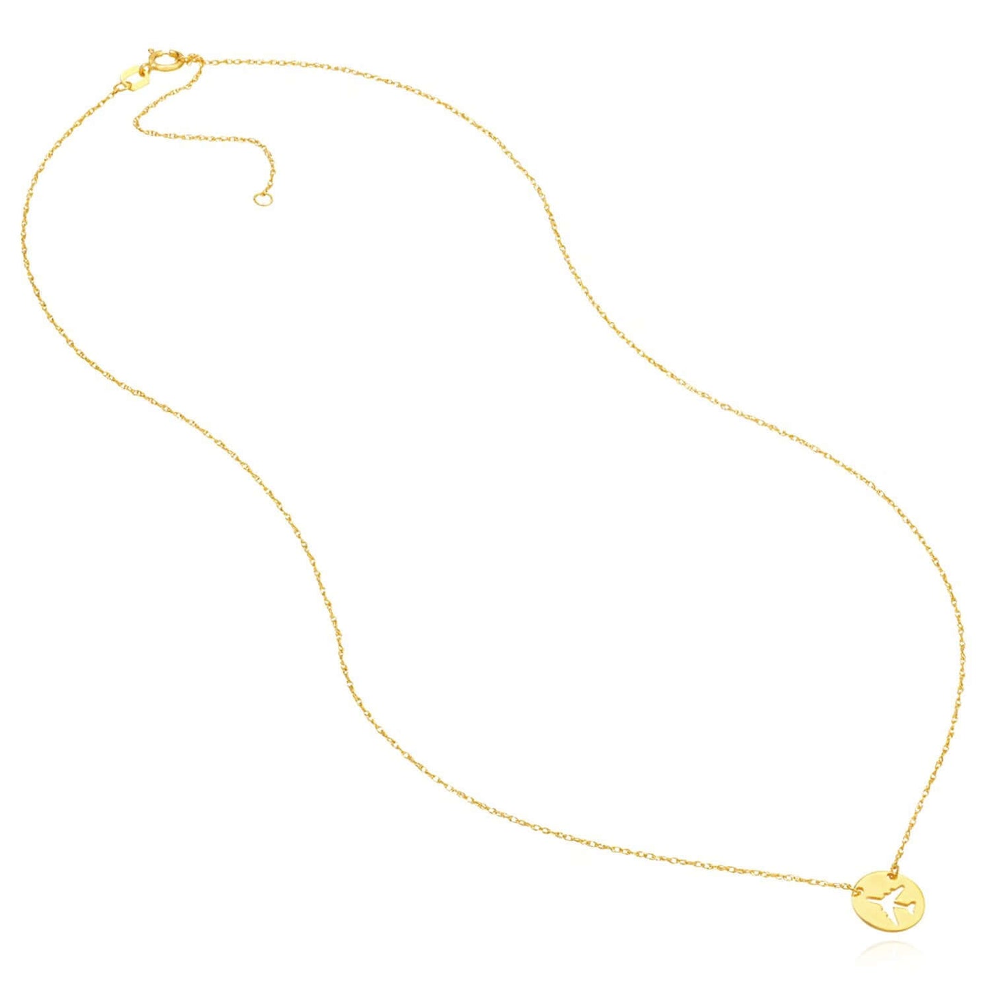 Real 14k Gold Circle Airplane Medallion Pendant Adjustable Necklace 16"-18"
