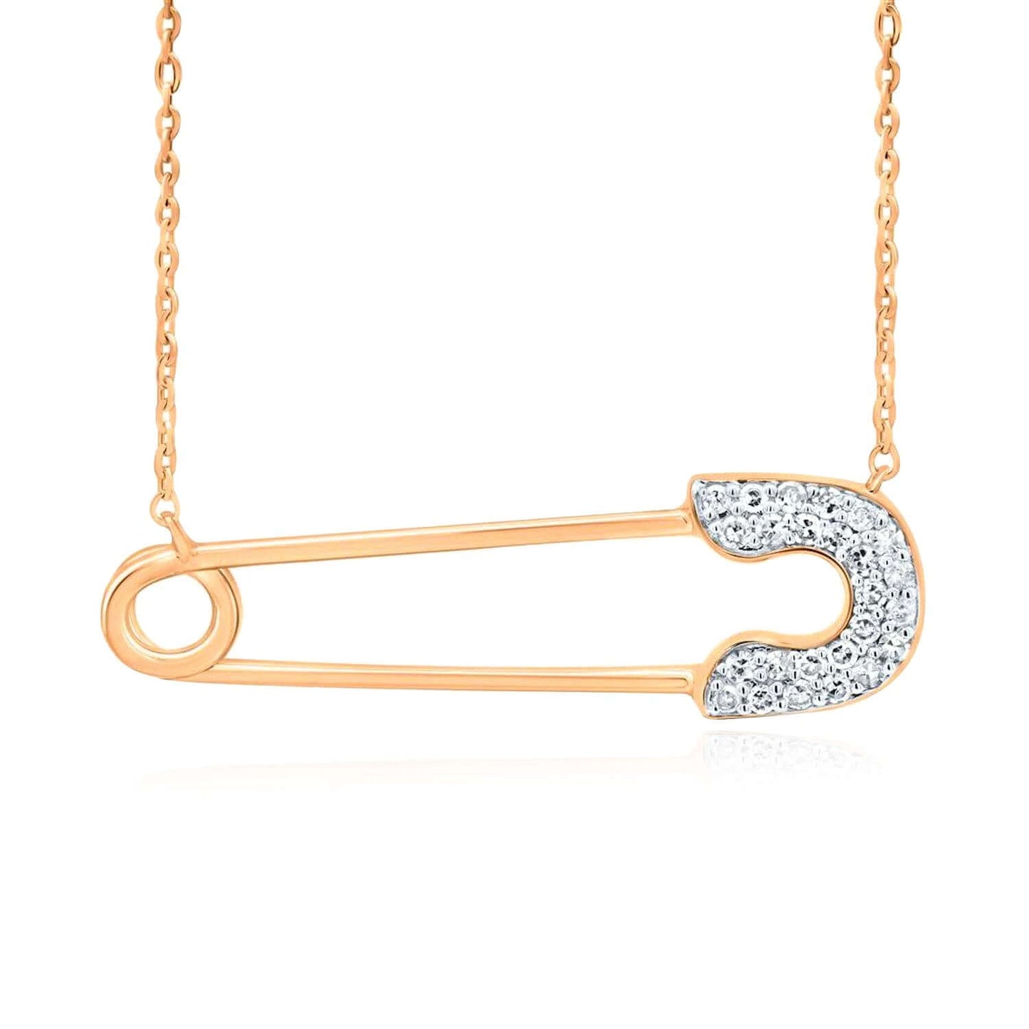 Real Solid 10k Rose White Gold Real Diamond Safety Pin Pendant Cable Necklace 18"