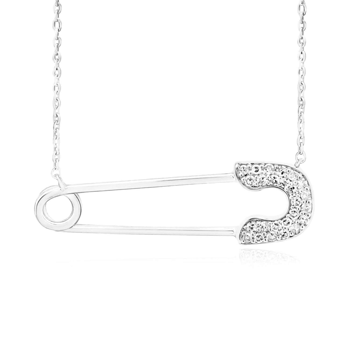 Real Solid 10k Rose White Gold Real Diamond Safety Pin Pendant Cable Necklace 18"