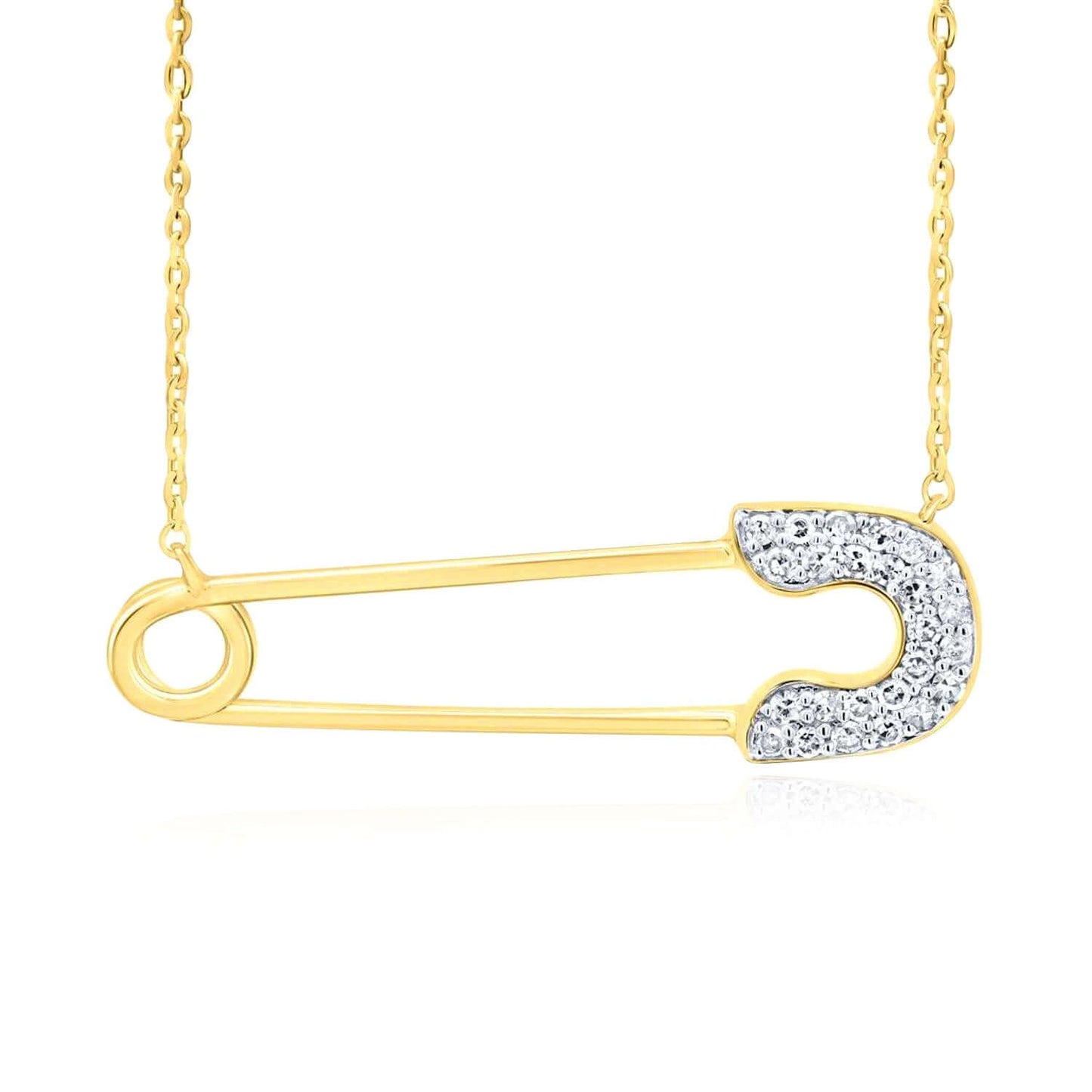 Real Solid 10k Rose White Gold Real Diamond Safety Pin Pendant Cable Necklace 18"