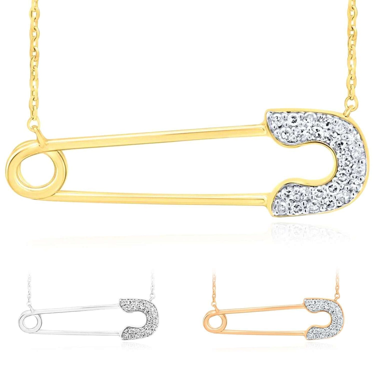 Real Solid 10k Rose White Gold Real Diamond Safety Pin Pendant Cable Necklace 18"